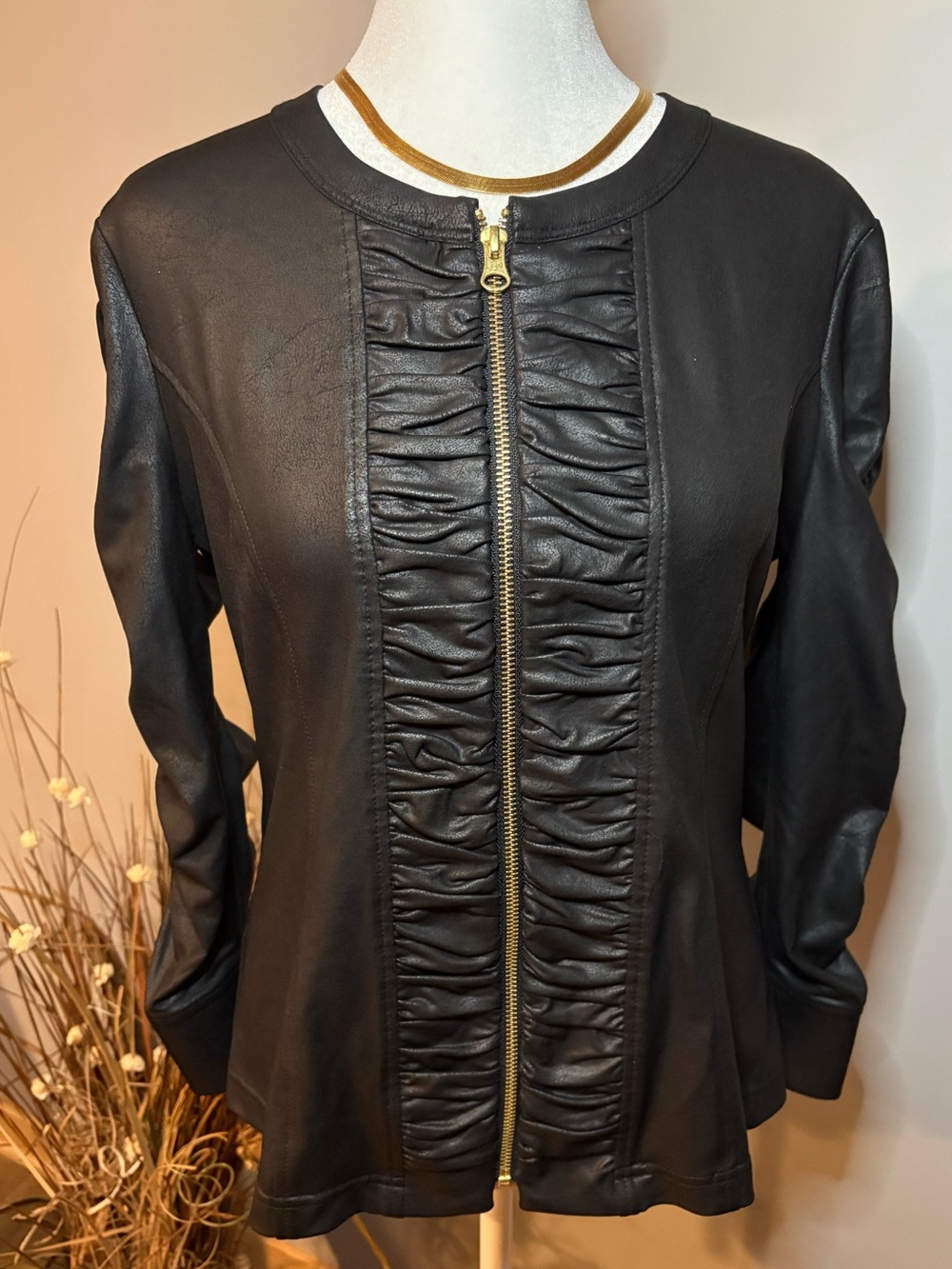 Clara Sun Woo Black Ruched Faux Leather Look Jacket M